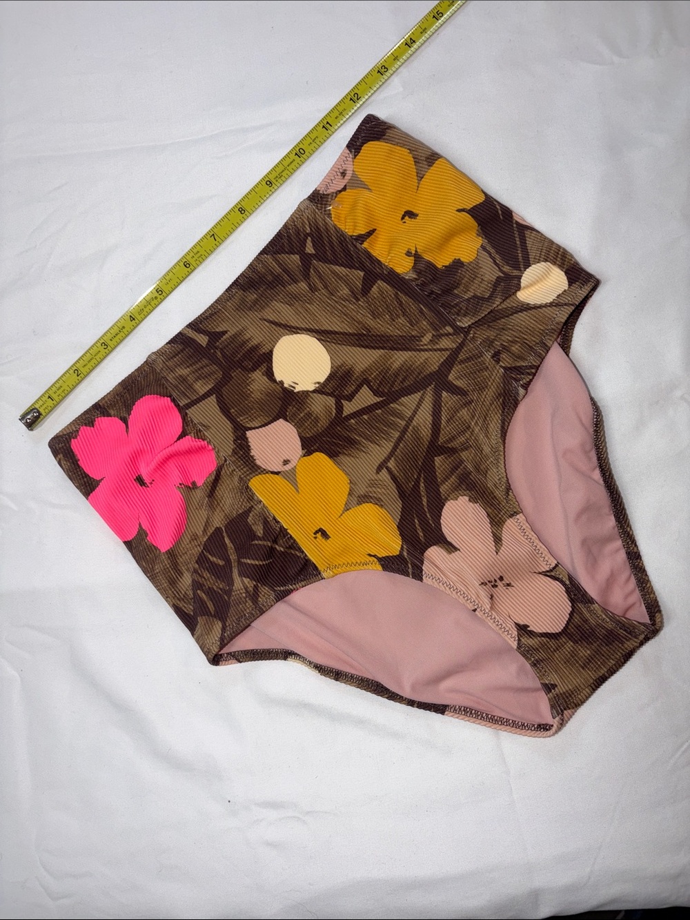 NWT aerie Floral High-Waist Bikini Bottoms in Brown with Pink & Yellow Flowers